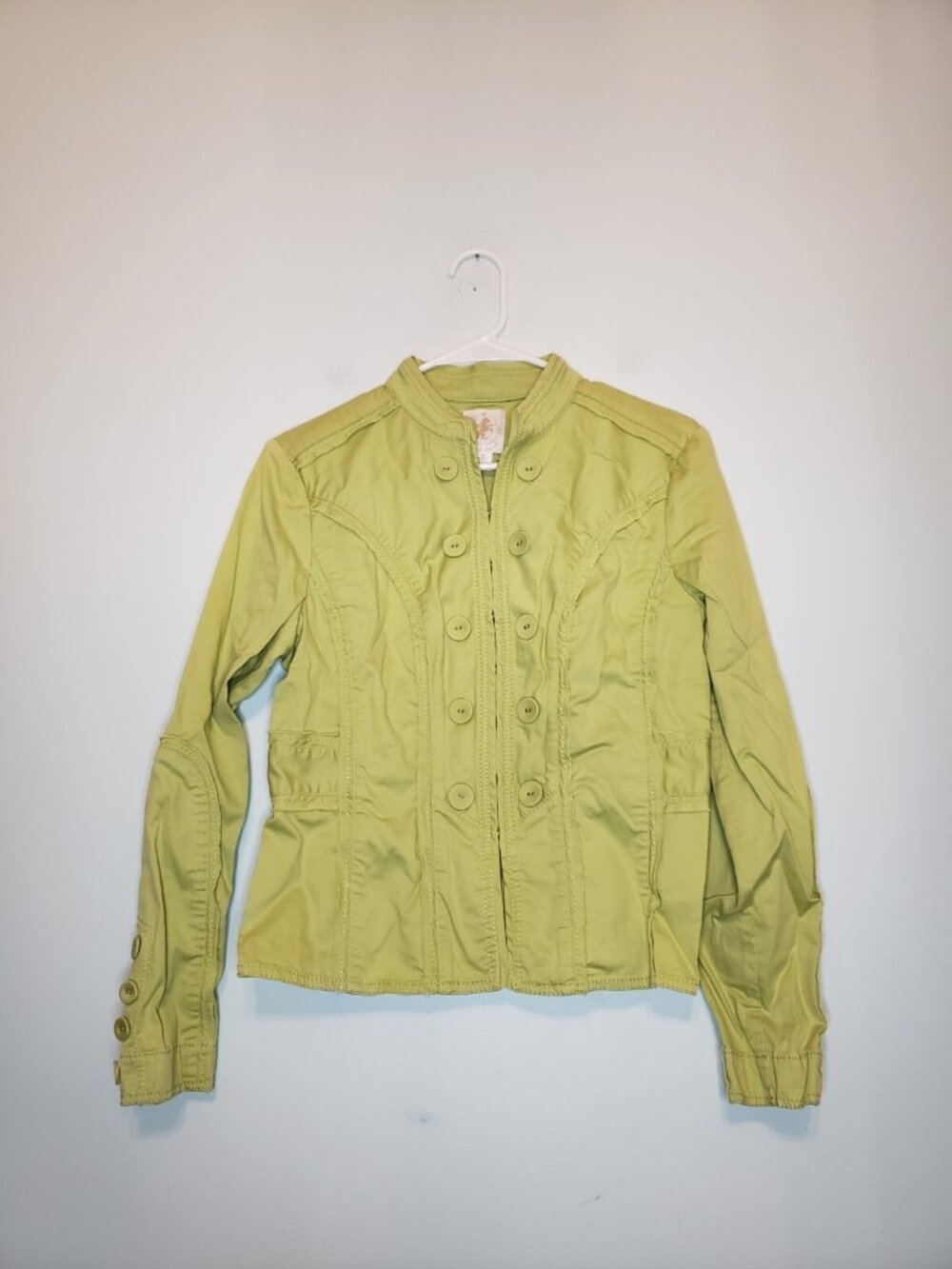 Think Tank Womens M Jacket Band Collar Green Button Accent Hook Eye Y2K Retro